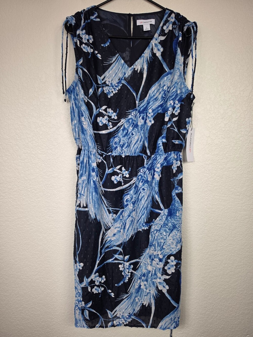Liz Claiborne Navy Peacock Print Sleeveless Dress Large